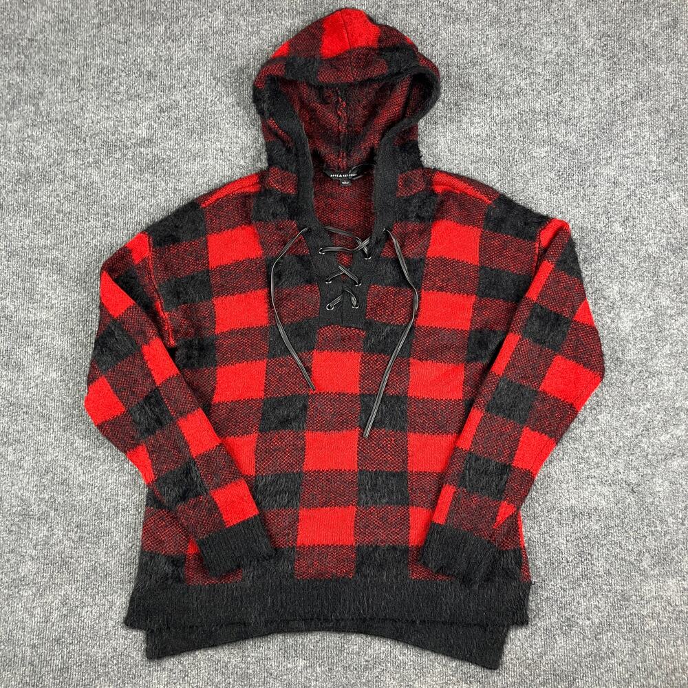 Rock & Republic Plaid Hoodie Womens Large Red Black Lace-Up Long Sleeve Cozy